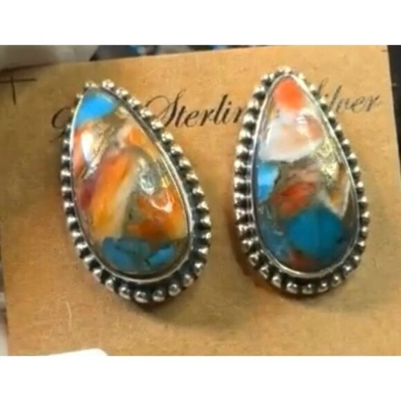 Jewelry - Spiny Oyster & Turquoise Sterling Silver Teardrop Earrings